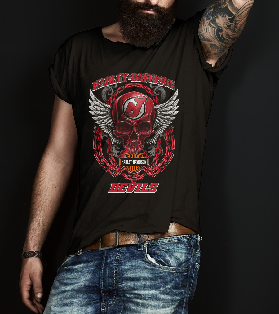 Harley Davidson New Jersey Devils Skull Wings Chains Motorcycles T-Shirt