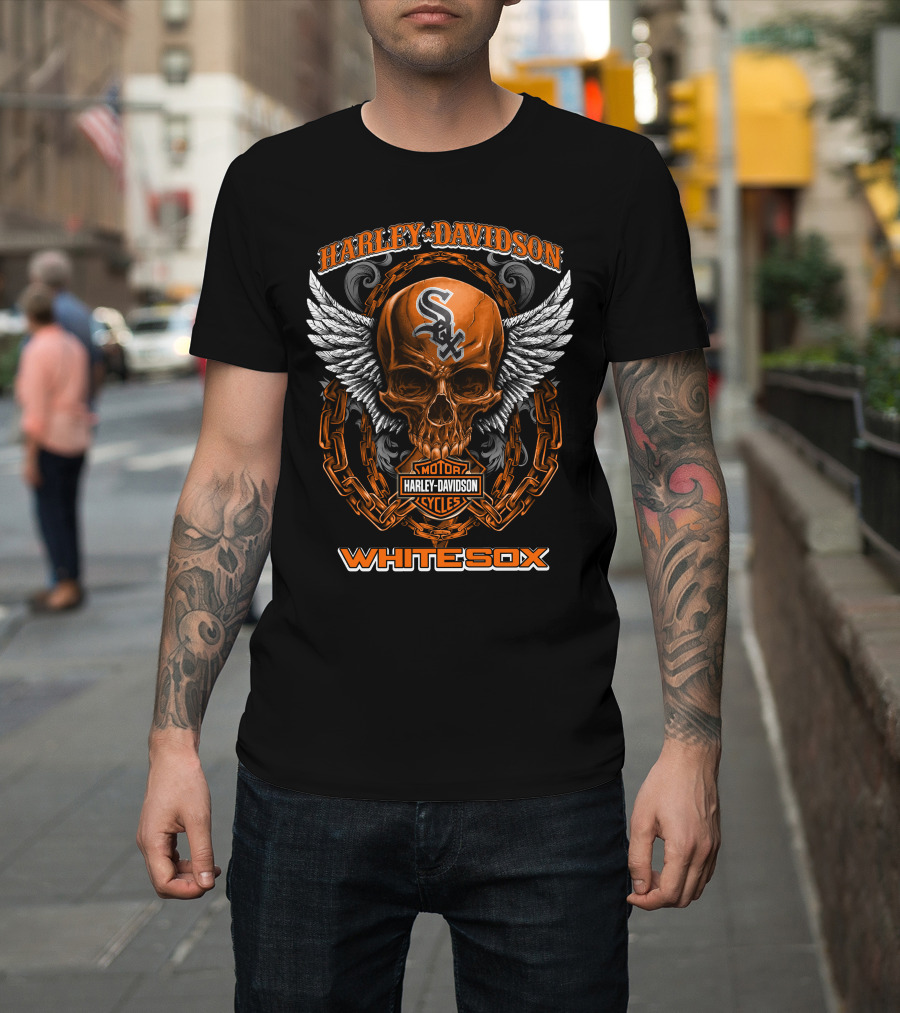Harley Davidson Motor Cycles Skull Chain Wings Whitesox T-Shirt