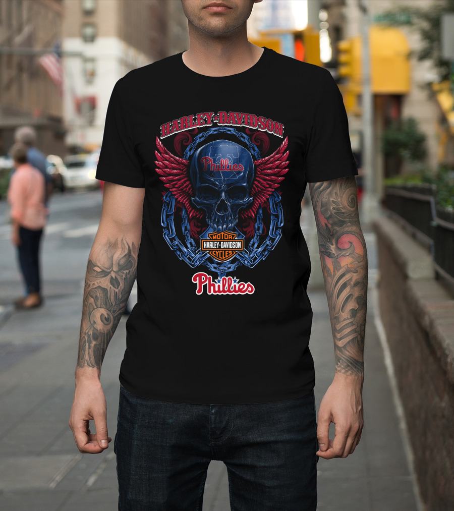 Harley Davidson Phillies Skull Wings Motor Cycles T-Shirt