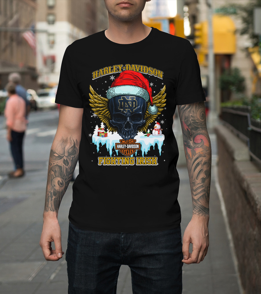 Harley Davidson Notre Dame Fighting Irish Santa Skull T-Shirt