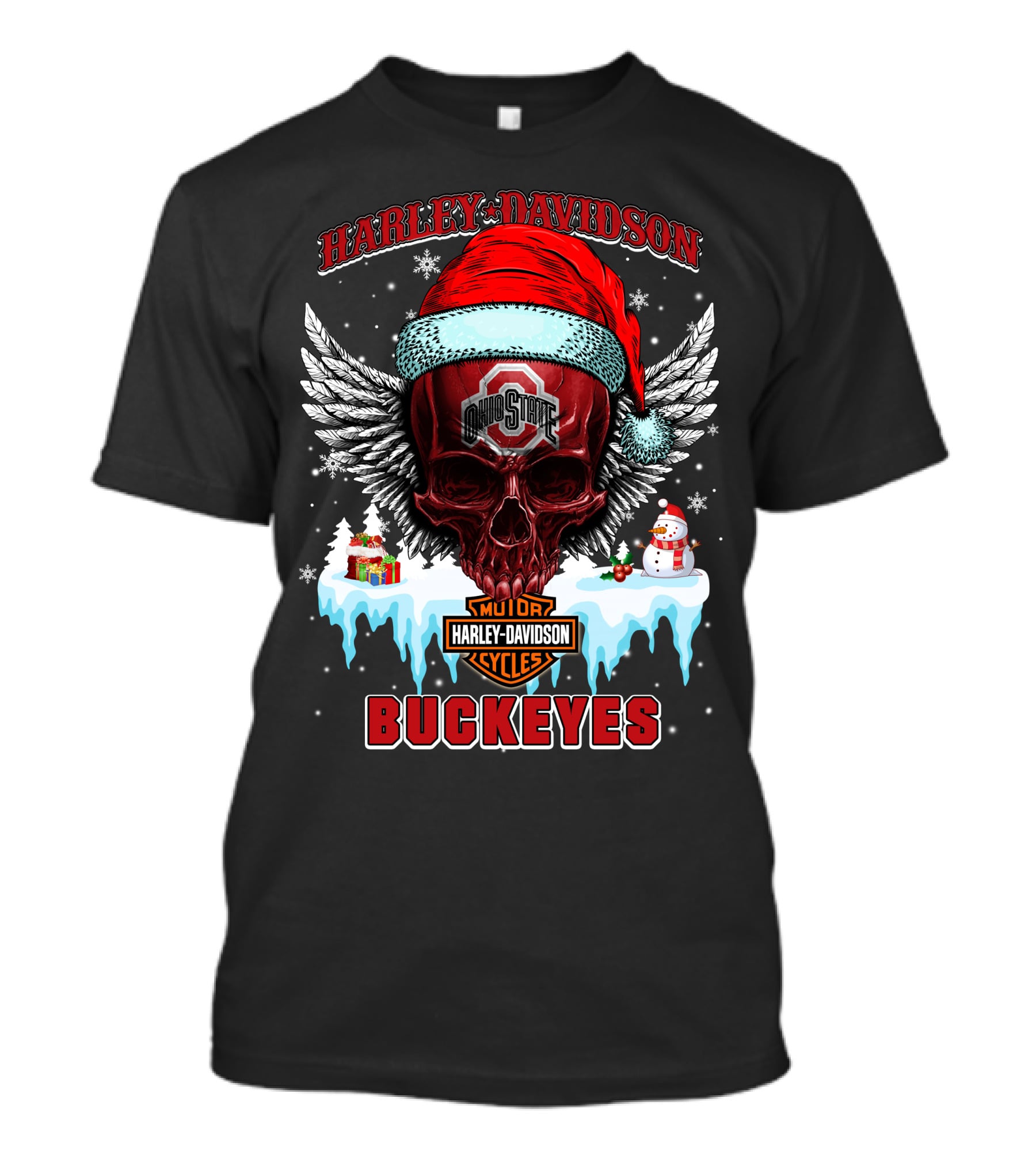 Harley Davidson Ohio State Buckeyes Motorcycles Cycles Santa Skull Wings Snowman T-Shirt