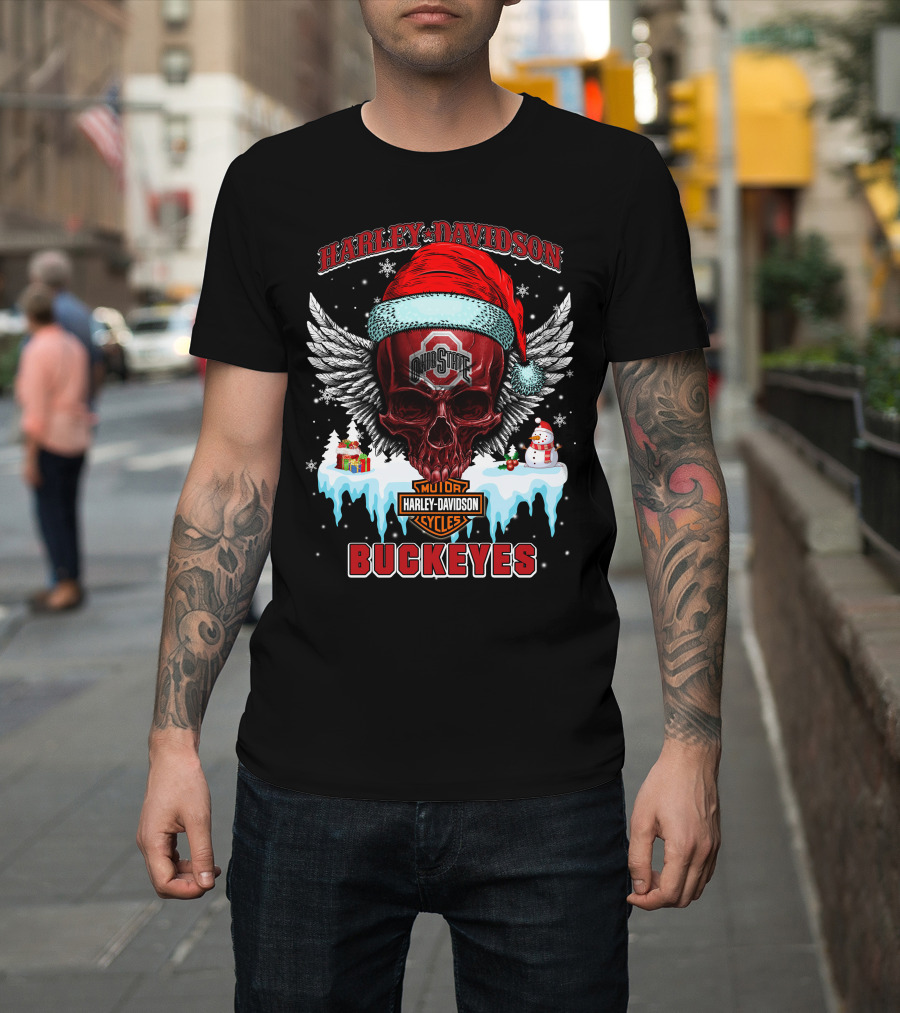 Harley Davidson Ohio State Buckeyes Motorcycles Cycles Santa Skull Wings Snowman T-Shirt
