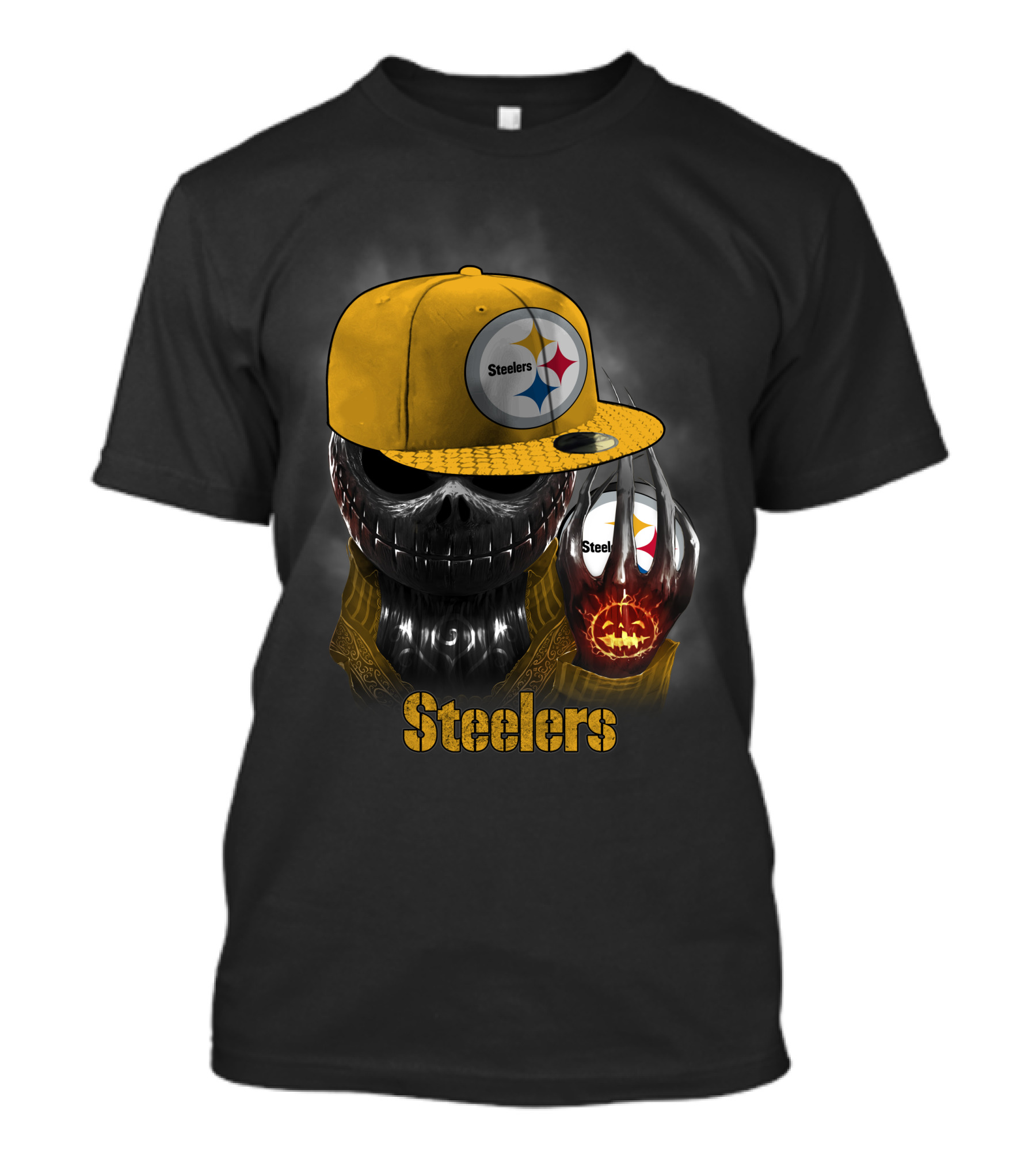 Steelers Skull With Yellow Cap And Pumpkin-Hand T-Shirt
