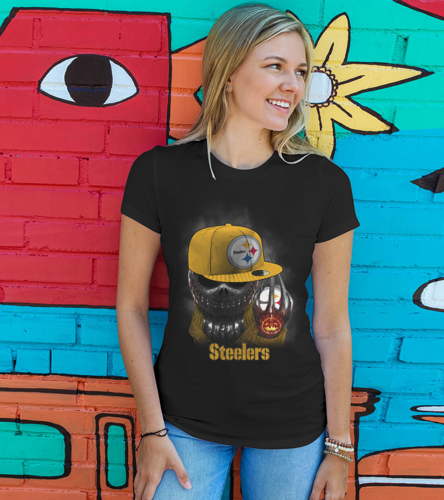 Steelers Skull With Yellow Cap And Pumpkin-Hand T-Shirt