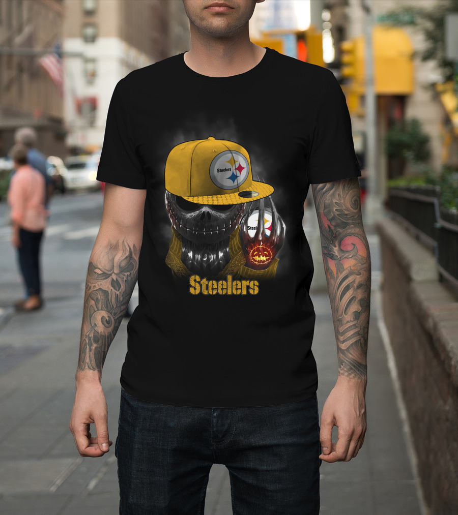 Steelers Skull With Yellow Cap And Pumpkin-Hand T-Shirt