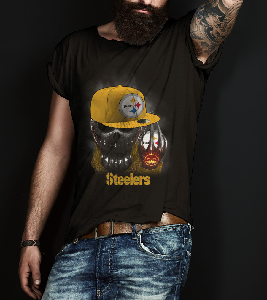 Steelers Skull With Yellow Cap And Pumpkin-Hand T-Shirt