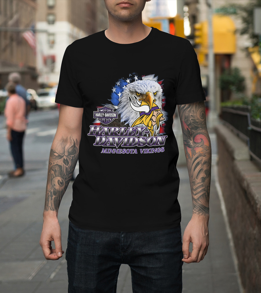 Harley Davidson Minnesota Vikings Nfl Eagles American Flag T-Shirt