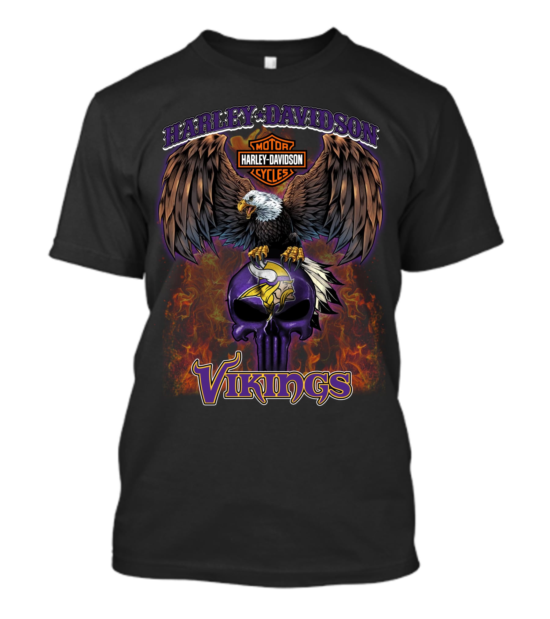 Harley Davidson Motor Cycles Minnesota Vikings Nfl Eagle Skull Flames T-Shirt