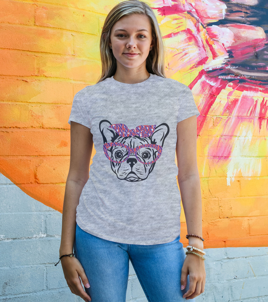 Bulldog With Northwestern Wildcats Pattern Glasses And Bow T-Shirt