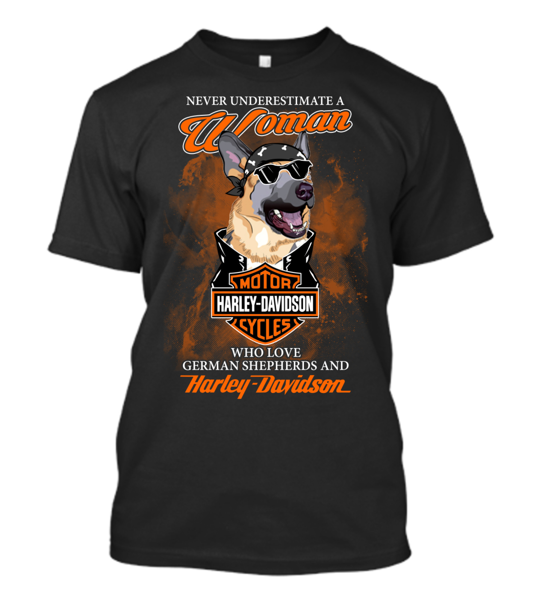 Never Underestimate A Woman Who Love German Shepherds And Harley Davidson Motorcycles T-Shirt