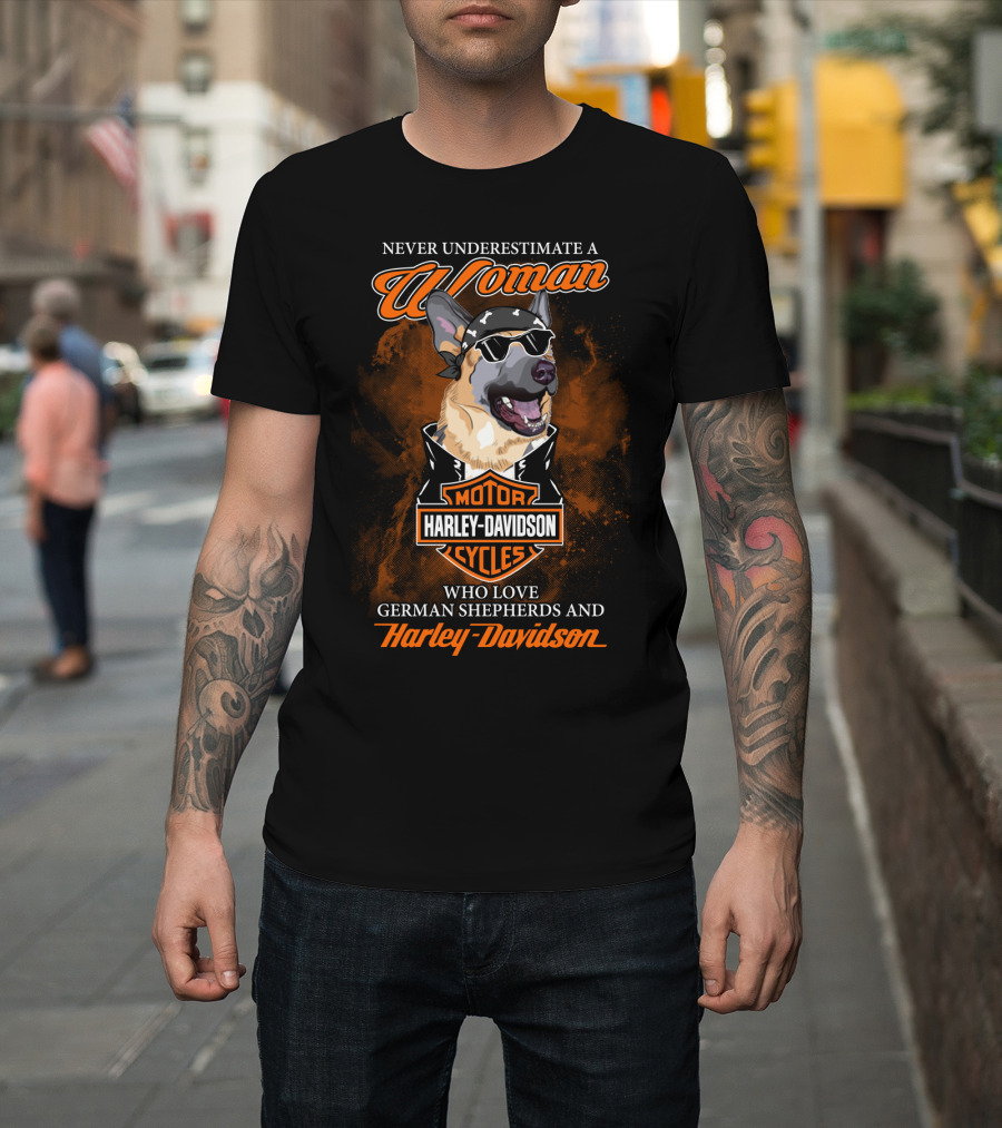 Never Underestimate A Woman Who Love German Shepherds And Harley Davidson Motorcycles T-Shirt