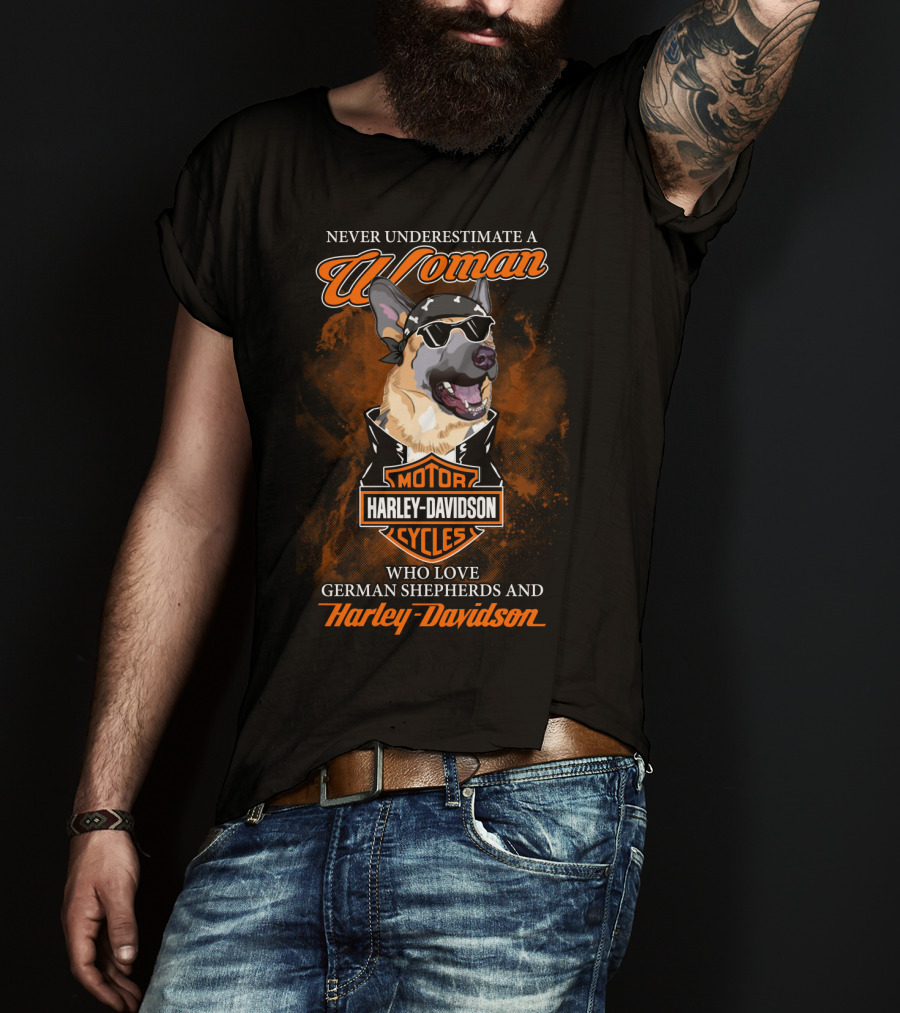 Never Underestimate A Woman Who Love German Shepherds And Harley Davidson Motorcycles T-Shirt