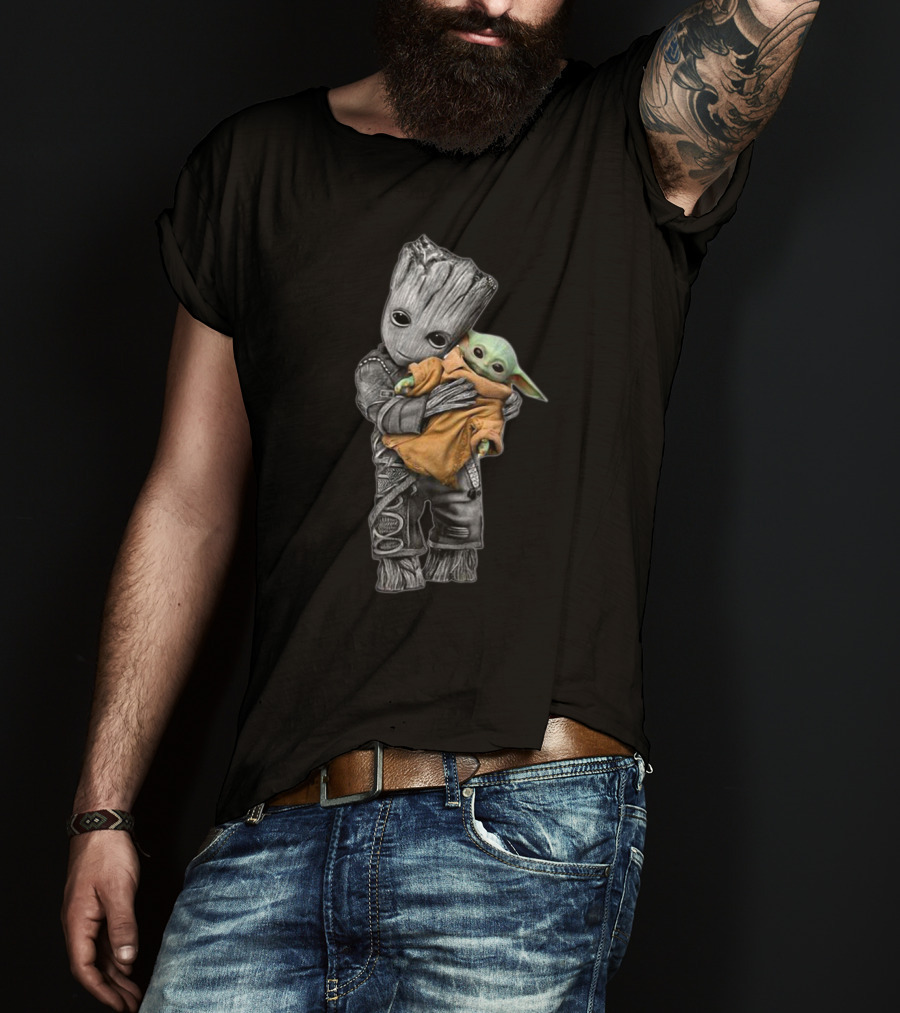 Baby Yoda And Groot Hugging Crossover Characters T-Shirt