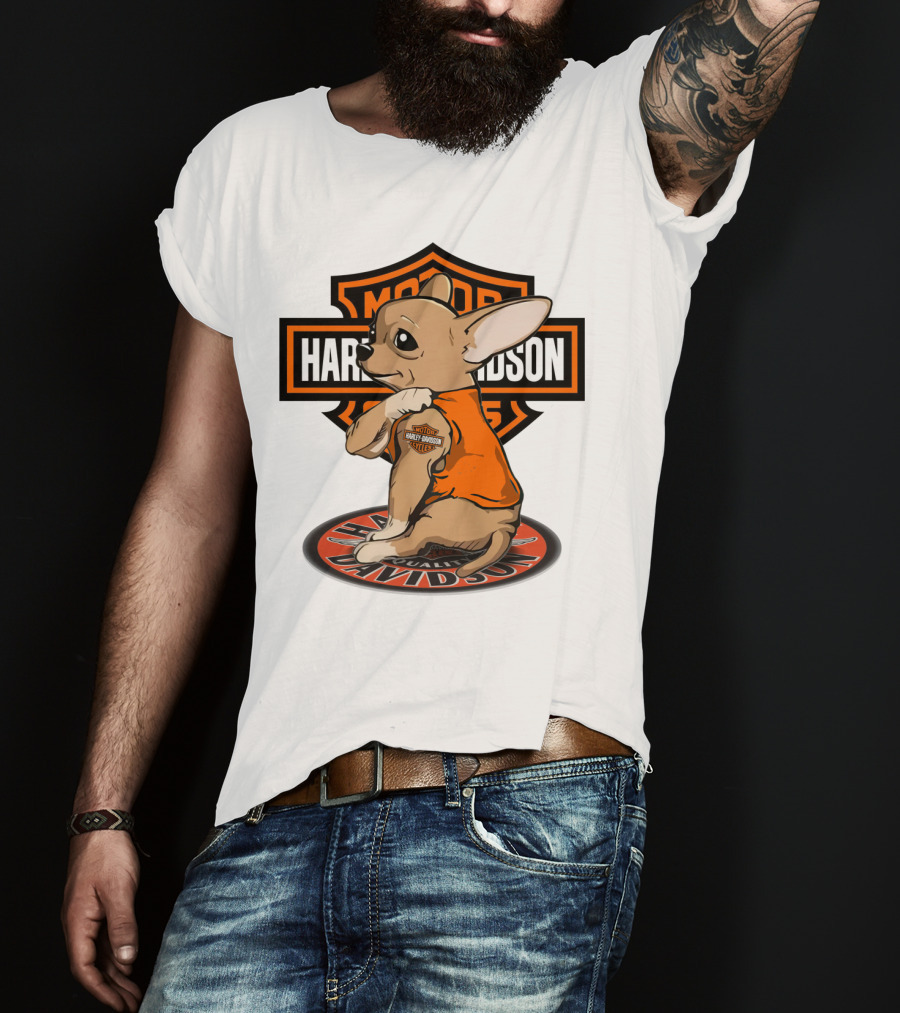 Harley Davidson Chihuahua With Orange Jacket And Motor T-Shirt