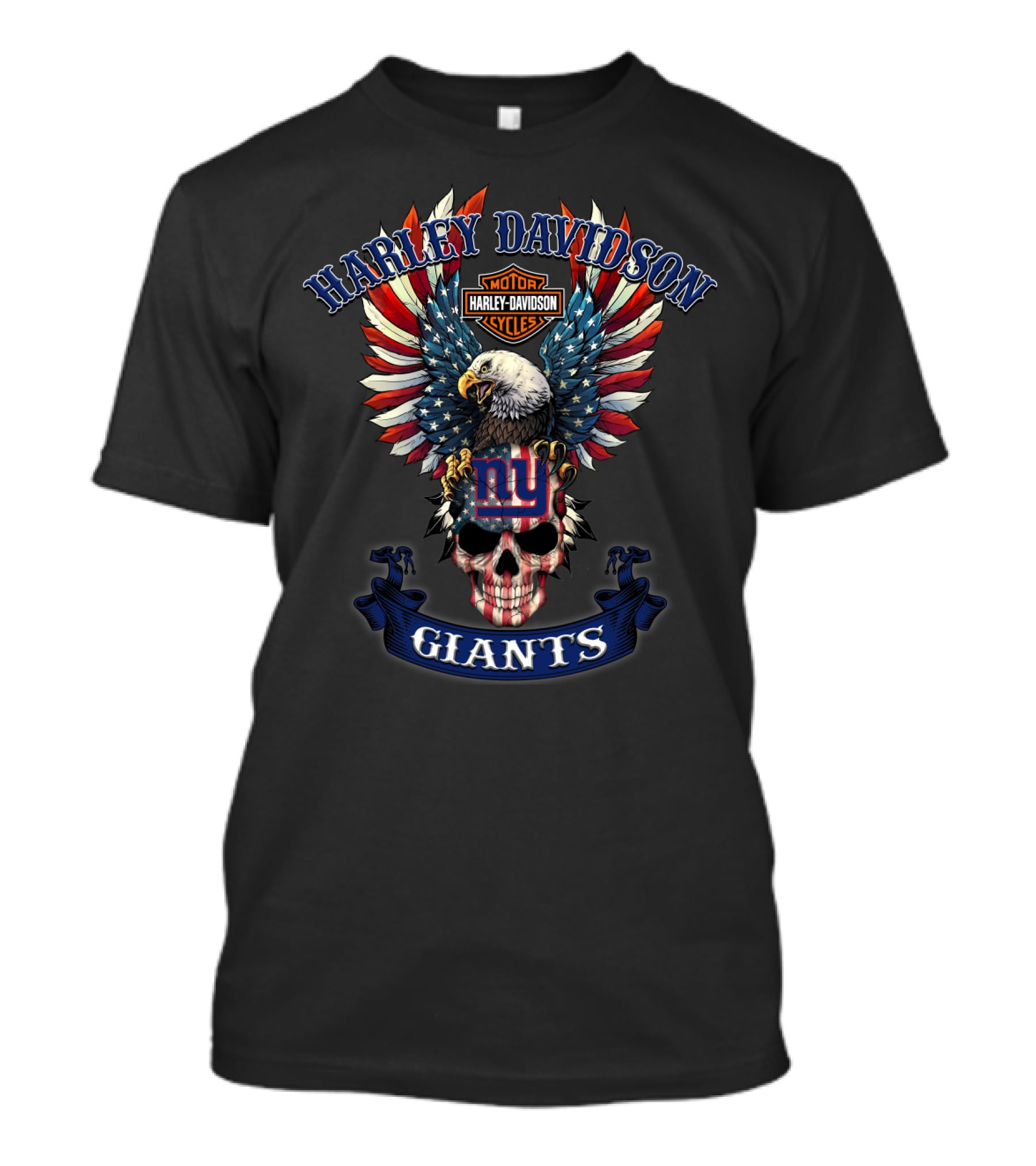 Harley Davidson Motor Cycles Ny Giants Eagle Skull Flag T-Shirt