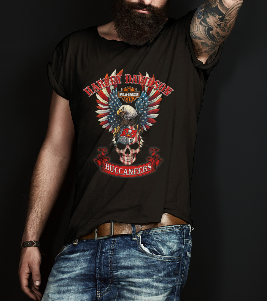 Harley Davidson Motor Cycles Buccaneers Bald Eagle American Flag Skull T-Shirt