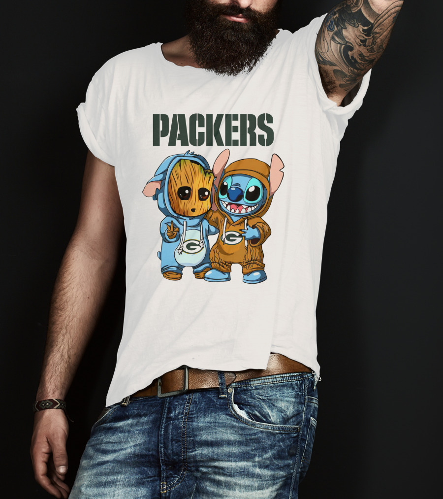 Packers Groot And Stitch Hug Wearing Green Bay Packers Hoodies T-Shirt