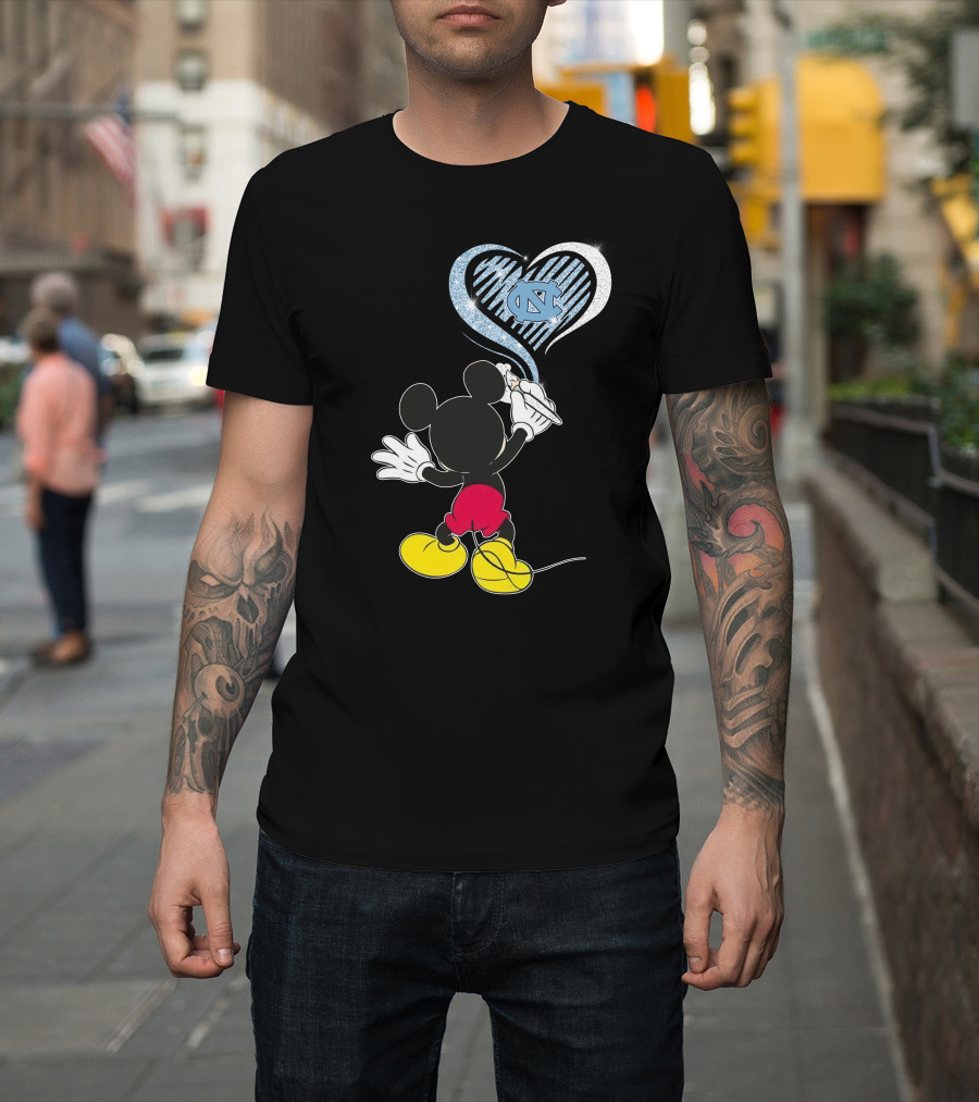 Mickey Mouse Drawing North Carolina Tar Heels In Heart Shape T-Shirt