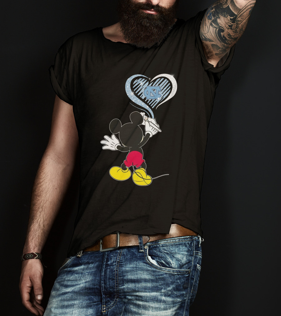 Mickey Mouse Drawing North Carolina Tar Heels In Heart Shape T-Shirt