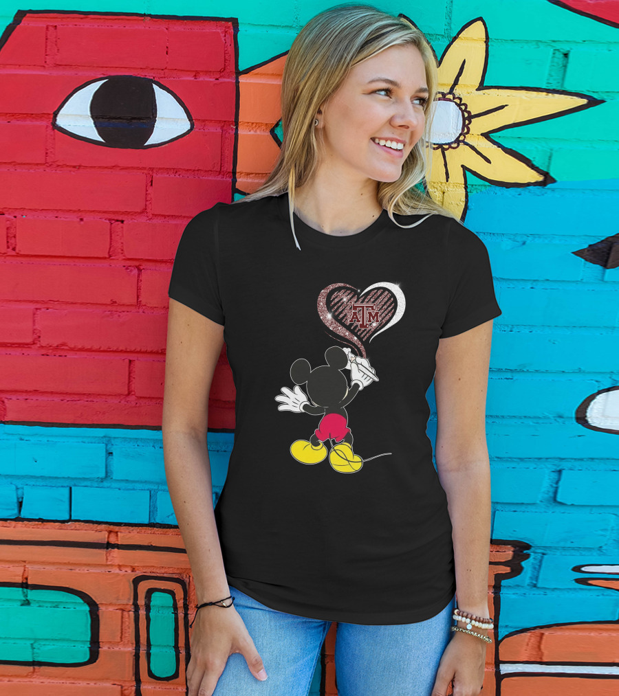 Mickey Drawing Heart With ATM Logo Texas A&M Aggies T-Shirt