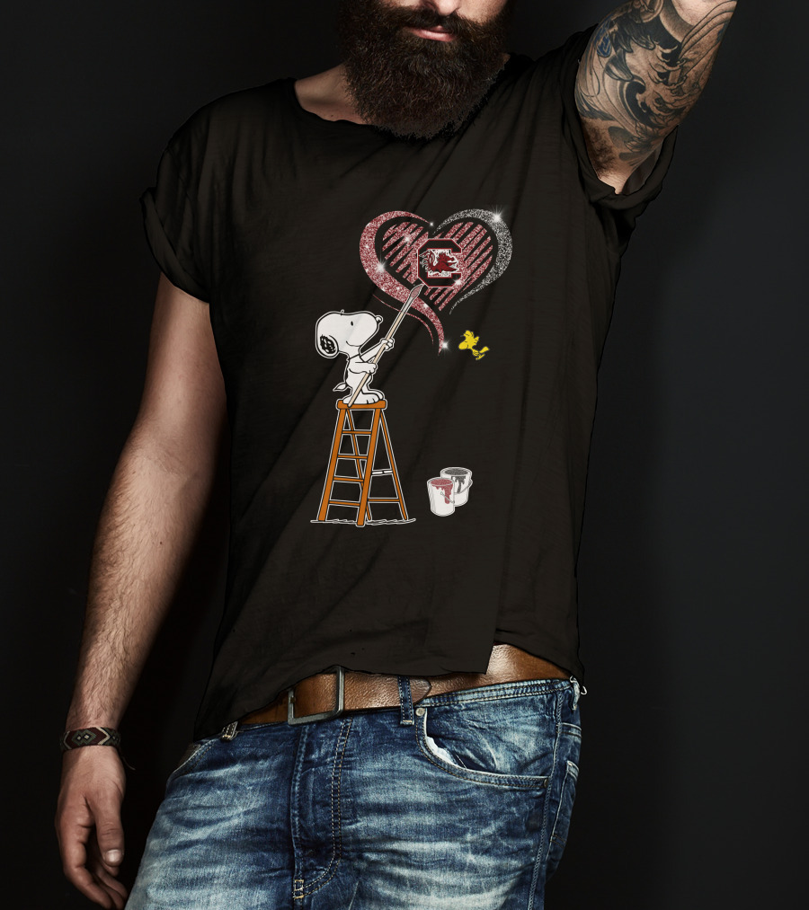 Snoopy Painting Heart South Carolina Gamecocks Logo Sparkle T-Shirt