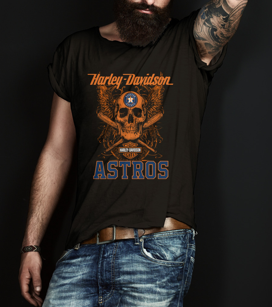 Harley Davidson Houston Astros Motor Cycles Skull Wings Crossed Bats T-Shirt