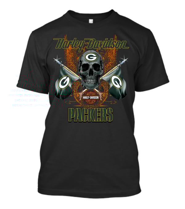 Harley Davidson Packers Skull Flags Green Bay T-Shirt