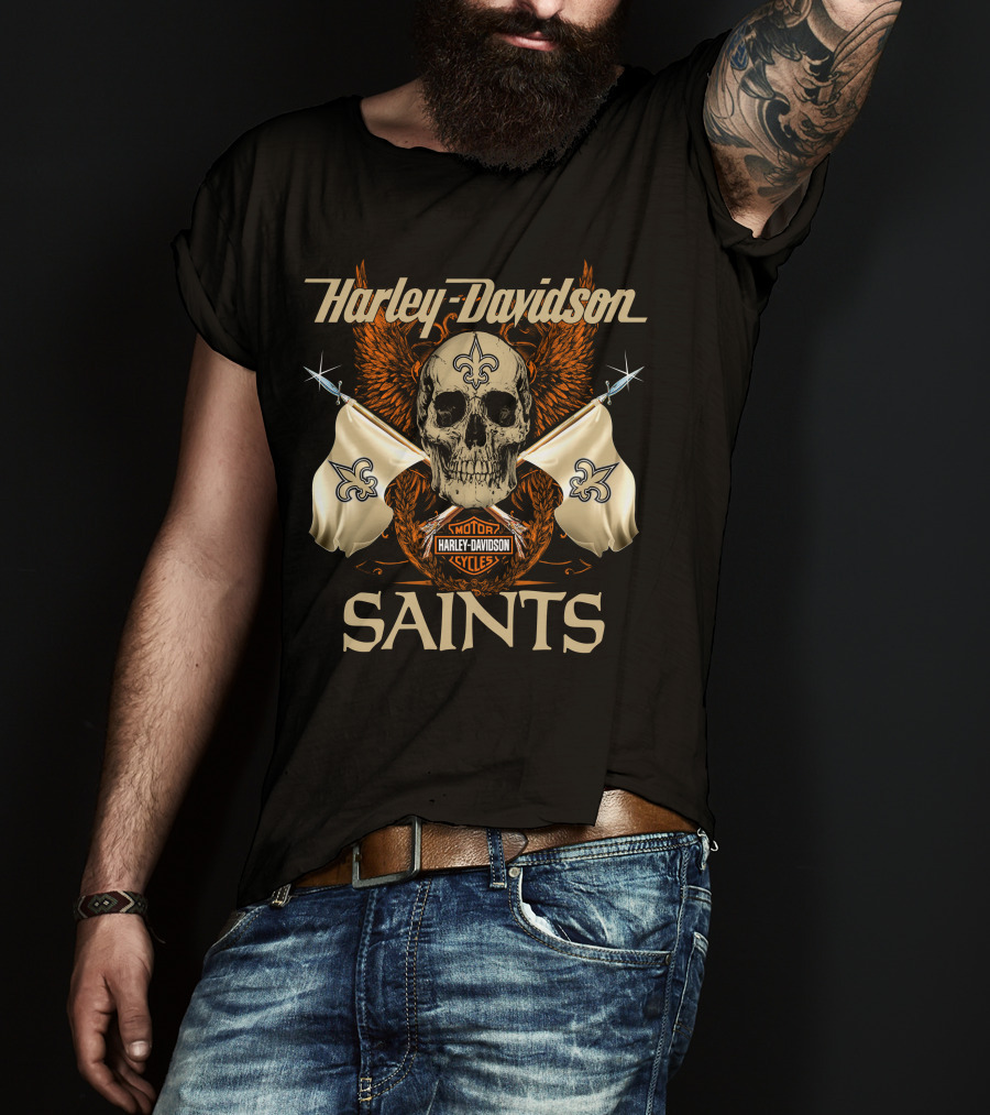 Harley Davidson Saints Skull With Fleur-De-Lis Flags And Wings T-Shirt
