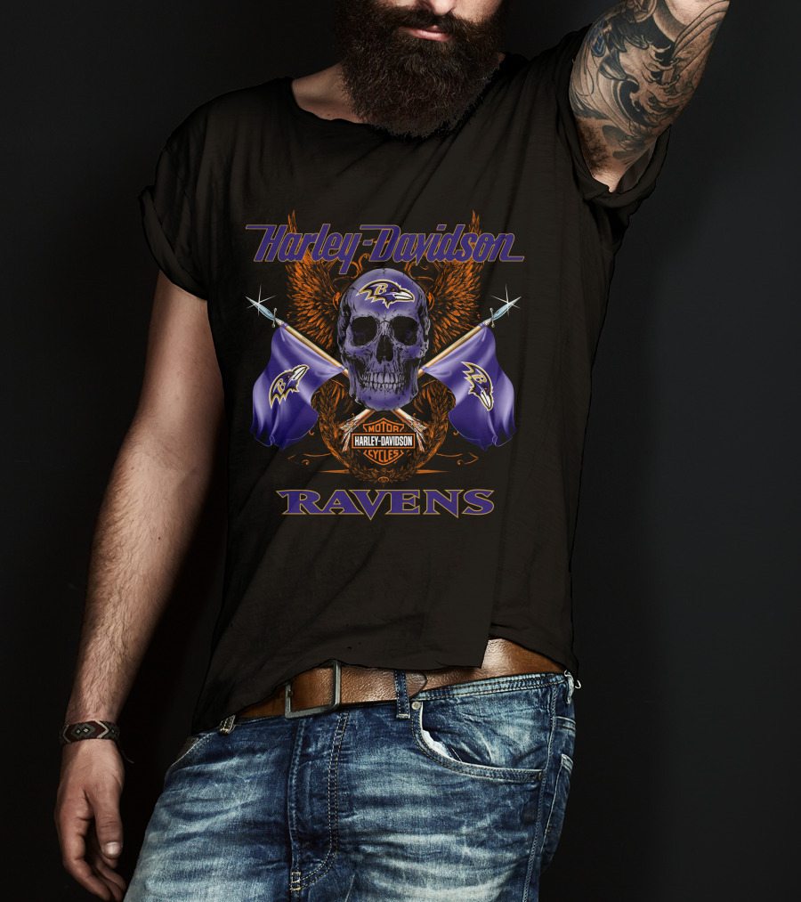 Harley Davidson Ravens Skull With Flags And Motorcycles T-Shirt