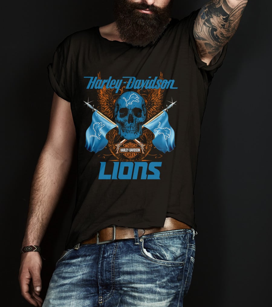 Harley Davidson Lions Skull Motor Cycles Flags T-Shirt