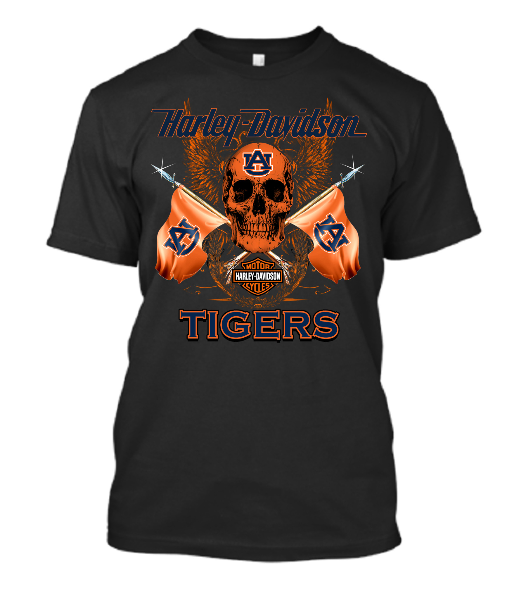 Harley Davidson Auburn Tigers Skull And Flags T-Shirt