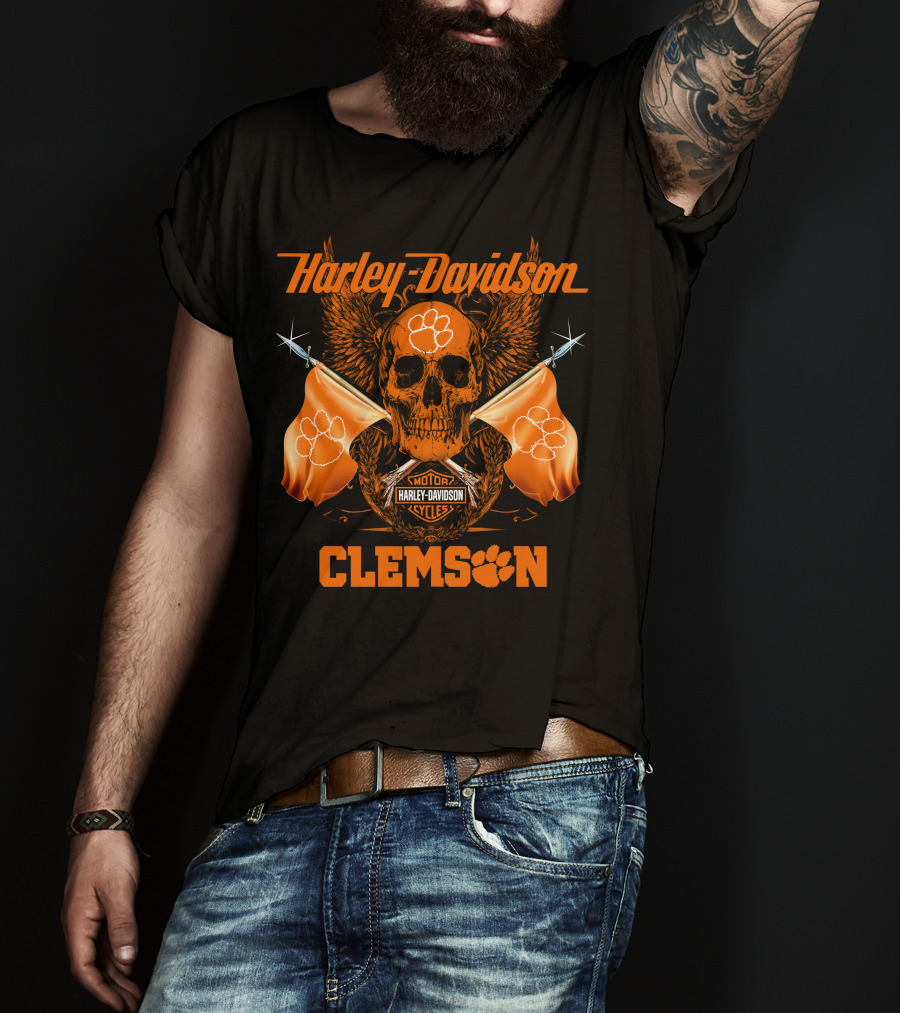 Harley Davidson Clemson Skull With Orange Flags And Paw Print T-Shirt