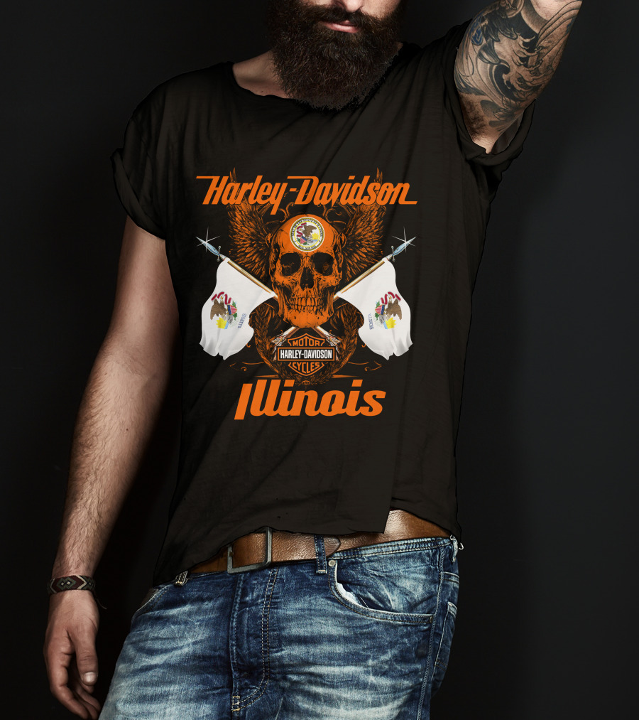 Harley Davidson Cycles Illinois Skull Wings Flags Motorcycles T-Shirt