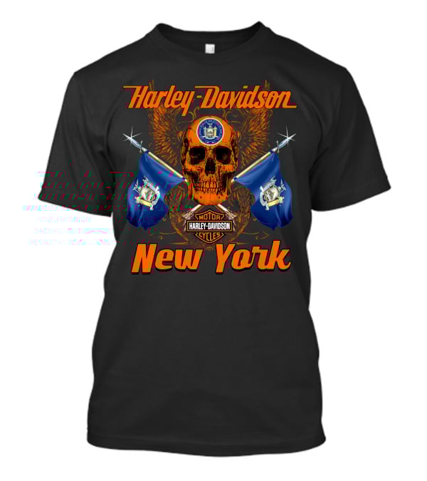 Harley Davidson New York Skull With State Flags And Motor Cycles T-Shirt