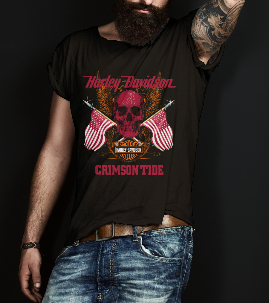 Harley Davidson Crimson Tide Skull Flags Alabama T-Shirt