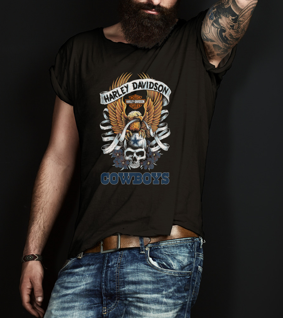 Harley Davidson Motor Cycles Eagle Skull Cowboys T-Shirt