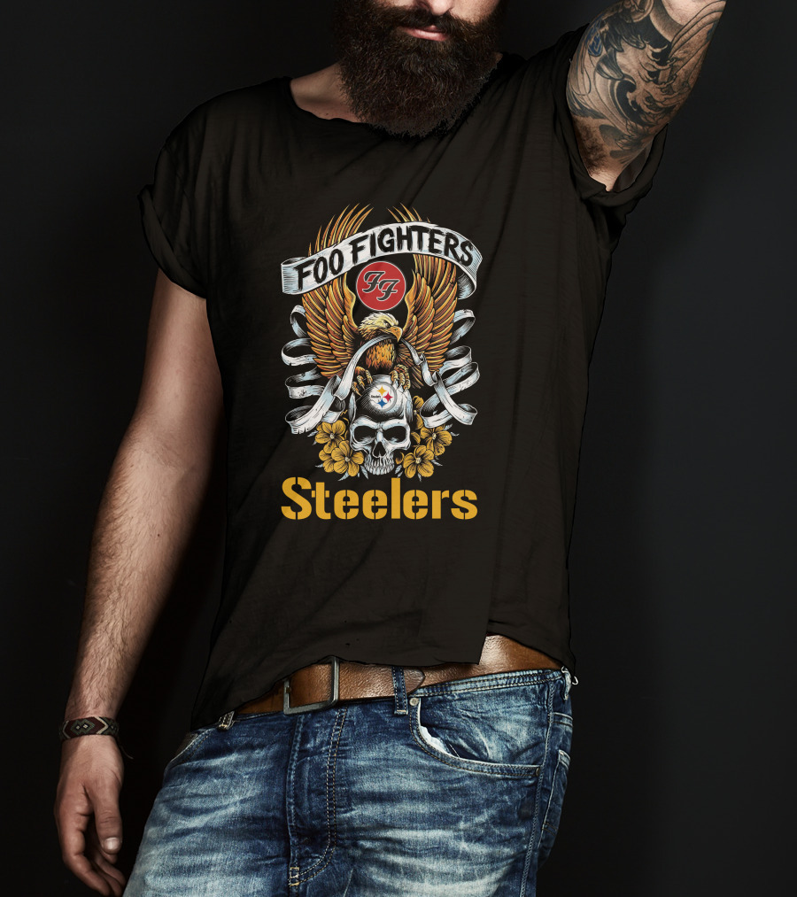 Foo Fighters Steelers FF Skull Eagle Floral Motif T-Shirt
