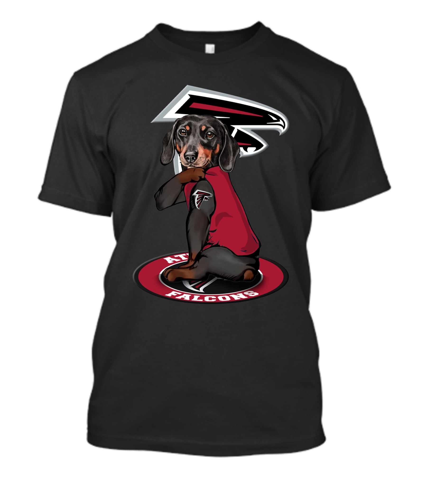 Atlanta Falcons Logo With Dachshund Wearing Team Jersey T-Shirt