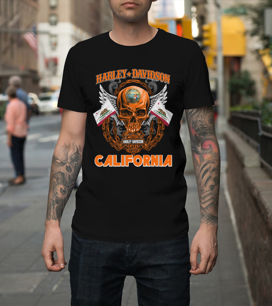 Harley Davidson California Skull Emblem With State Flag And Wings T-Shirt