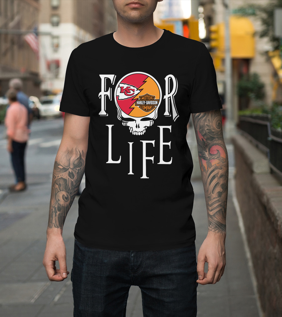 Kansas City Chiefs Harley Davidson Nfl For Life Skull T-Shirt