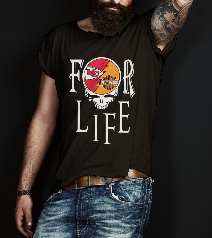 Kansas City Chiefs Harley Davidson Nfl For Life Skull T-Shirt
