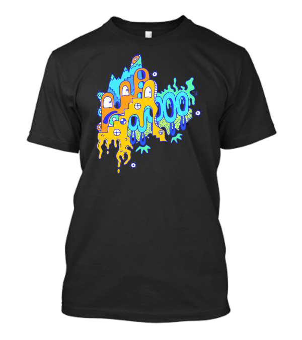 Blue Mountain Dripping Eye Pattern With Abstract Stairs And Faces T-Shirt