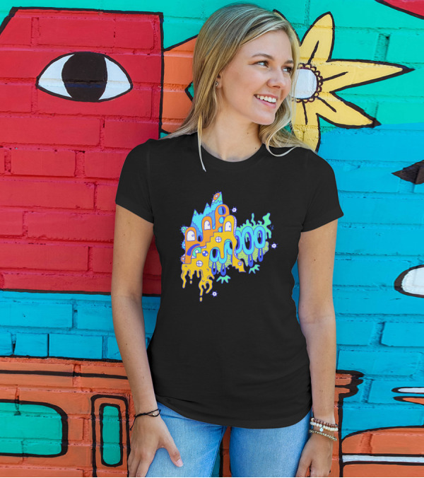Blue Mountain Dripping Eye Pattern With Abstract Stairs And Faces T-Shirt