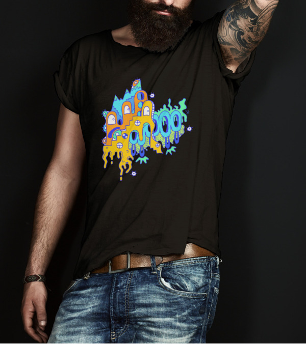 Blue Mountain Dripping Eye Pattern With Abstract Stairs And Faces T-Shirt