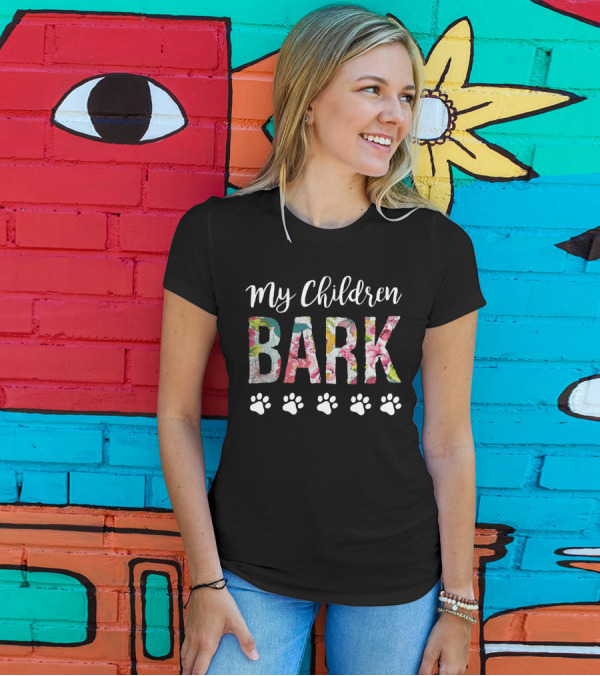 My Children Bark Floral Print Paw Prints T-Shirt
