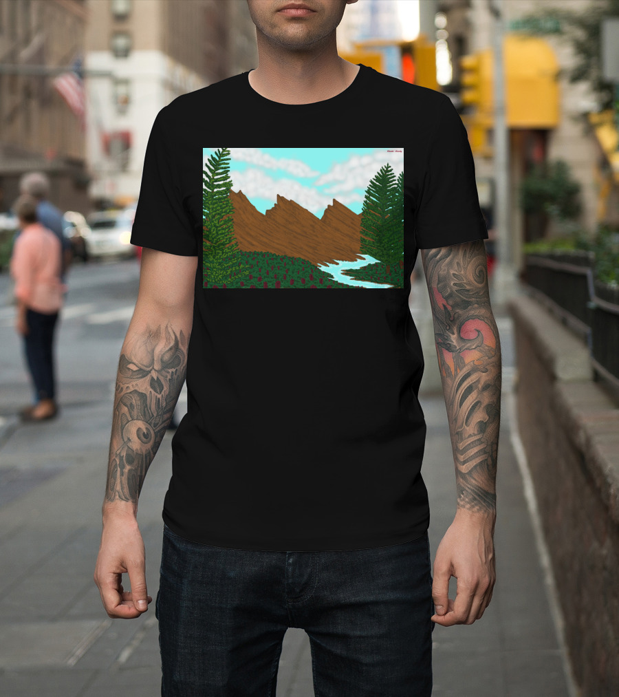 Brown Mountains Landscape with Evergreen Trees and Flowing River by Daniel Moody T-Shirt