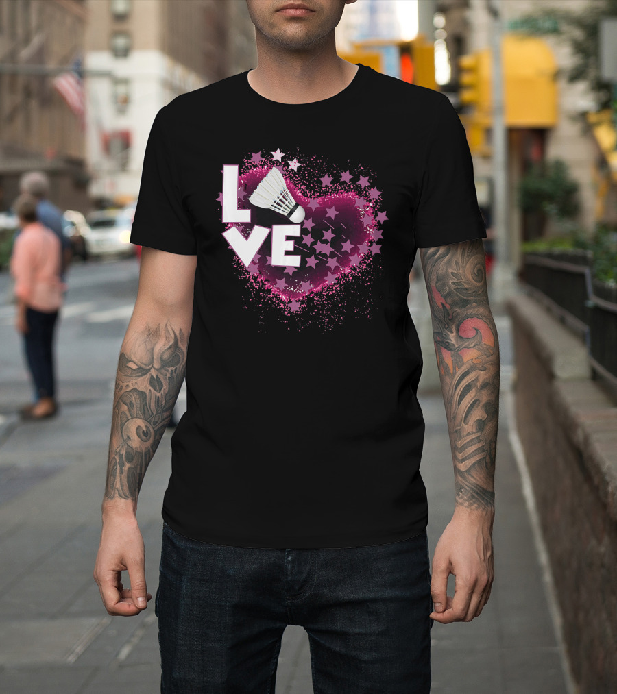 Love Heart Badminton for Girls with Shuttlecock and Star Burst T-Shirt