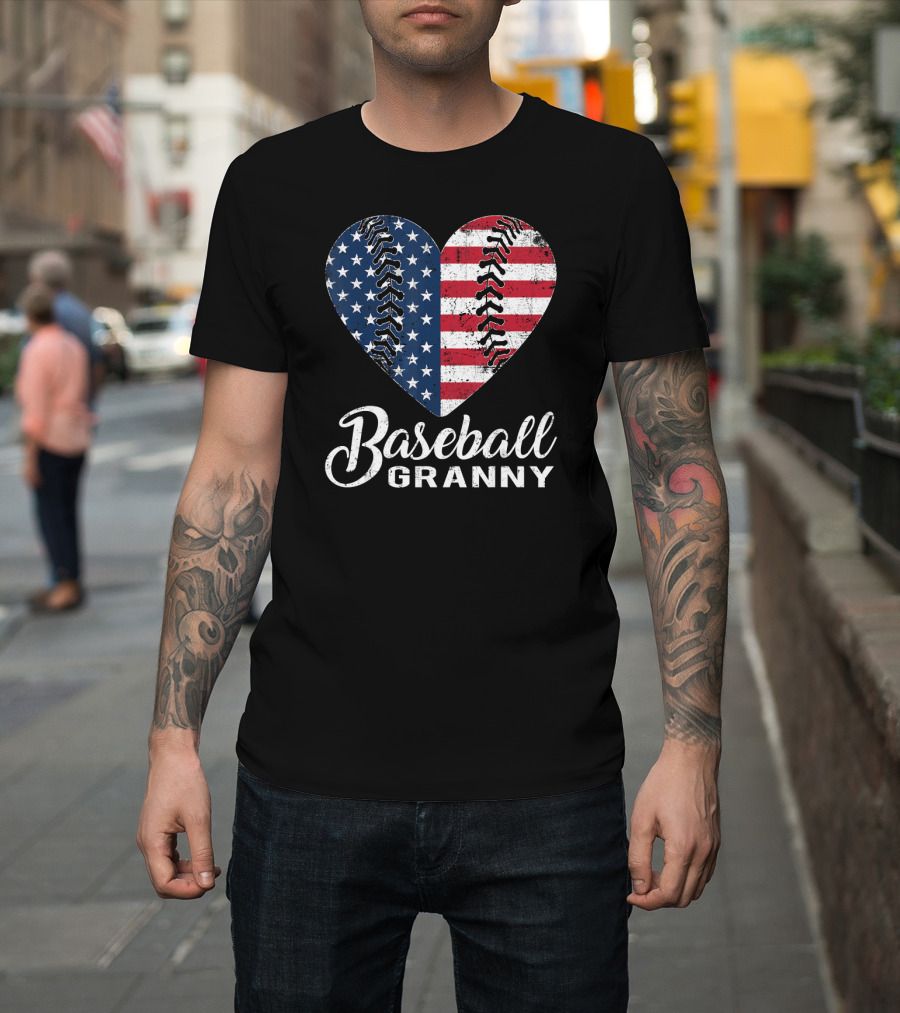 Baseball Granny Heart American Flag Stitching T-Shirt