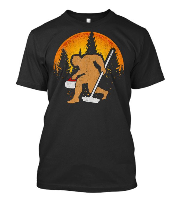 Curling Bigfoot Funny Cute Winter Forest Sunset T-Shirt