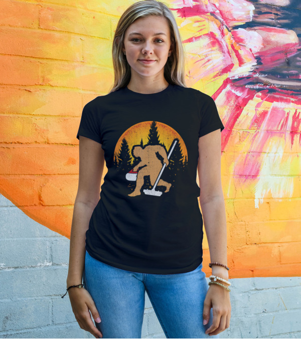 Curling Bigfoot Funny Cute Winter Forest Sunset T-Shirt